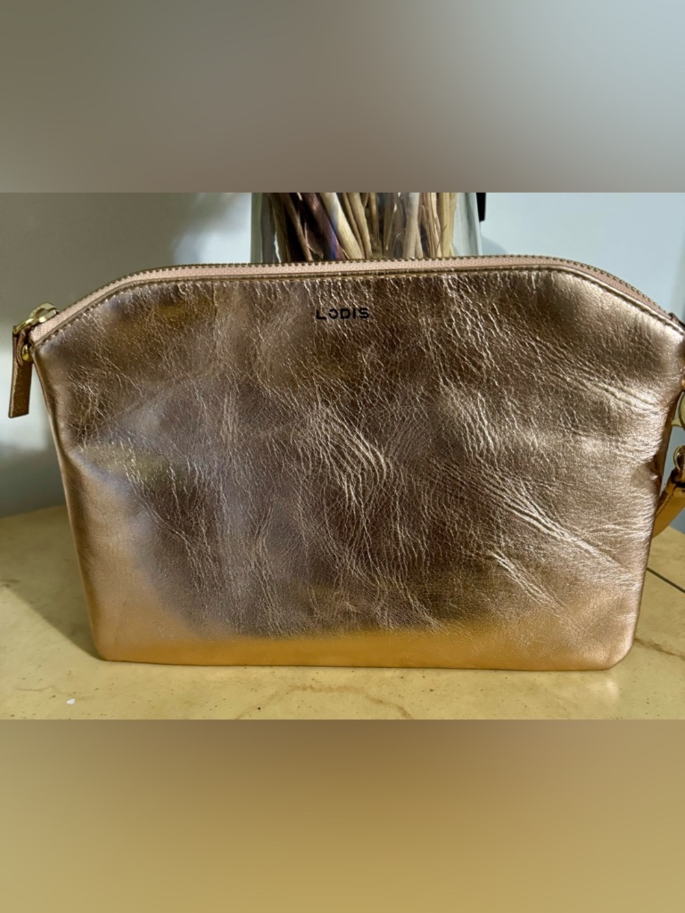 Lodis Metallic Rose Gold Leather Makeup Pouch